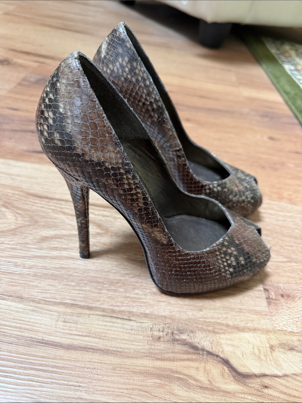 Stuart Weitzman Brown Snake-Print Peep Toe Stiletto Heels, size 6
